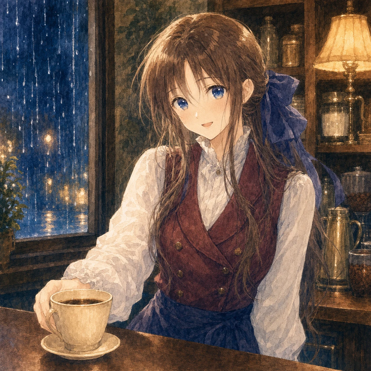 雅琍在雨夜咖啡馆吧台后的水彩肖像